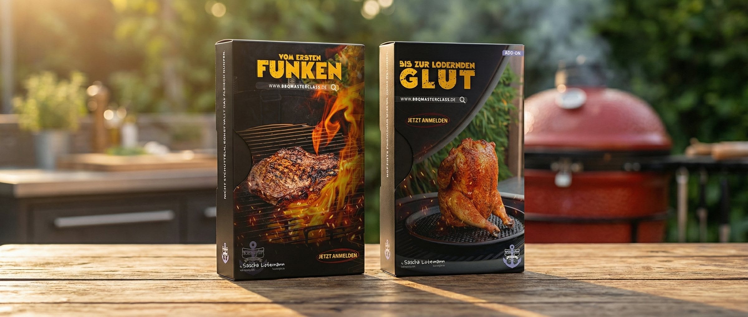 Die Verpackung der BBQ Masterclass im Freien neben einem Keramikgrill in der Abenddämmerung