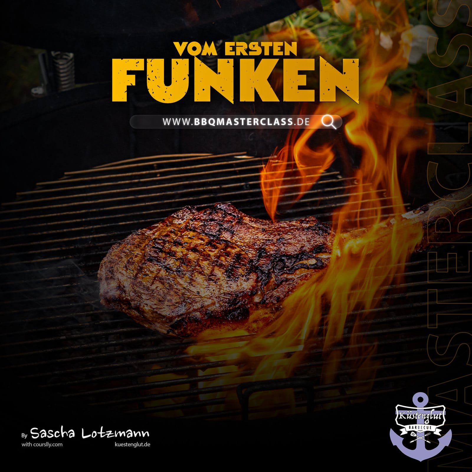 Key art for the main course: a flame-grilled steak under the title Vom ersten Funken