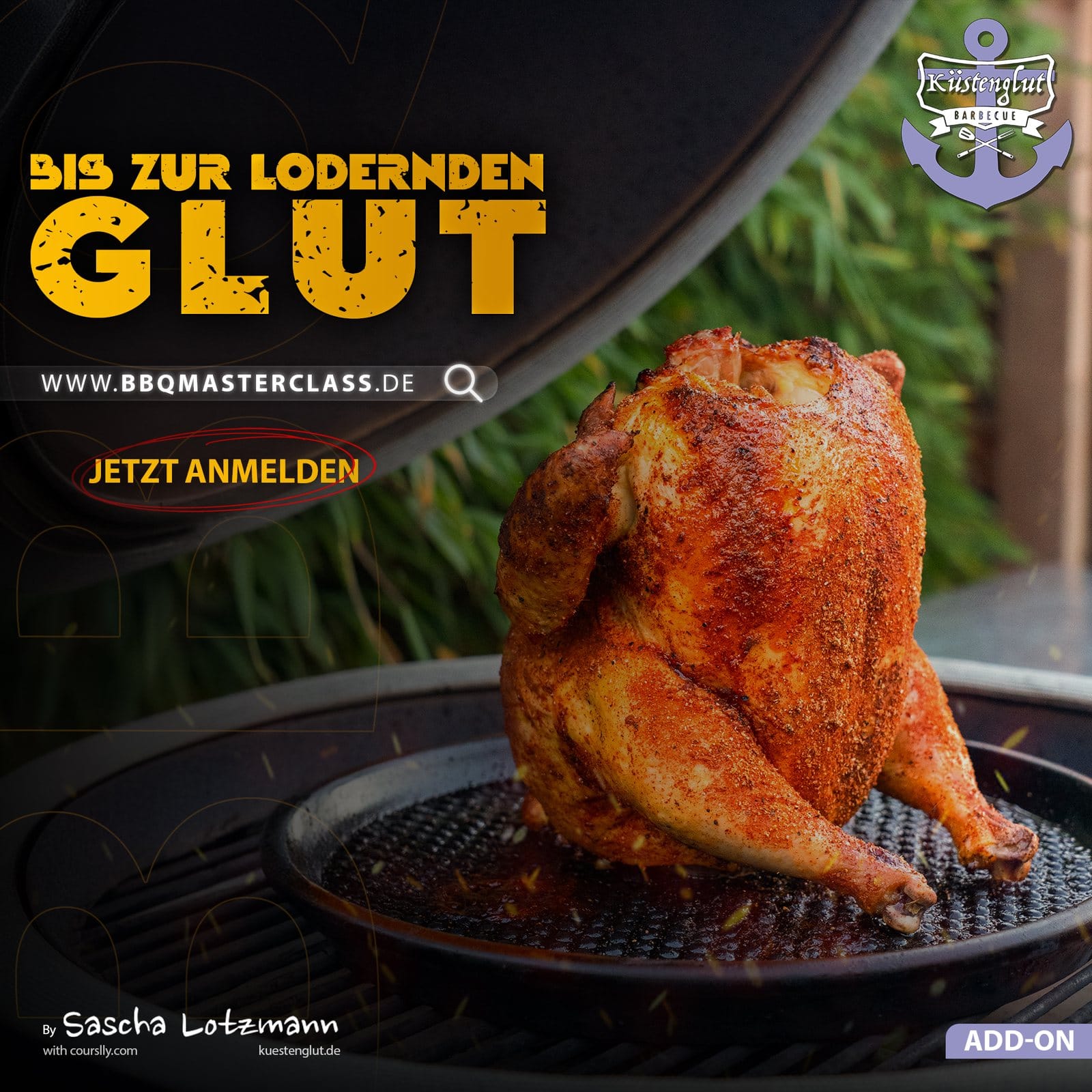 Key art for the advanced add-on: a whole roast chicken under the title Bis zur lodernden Glut